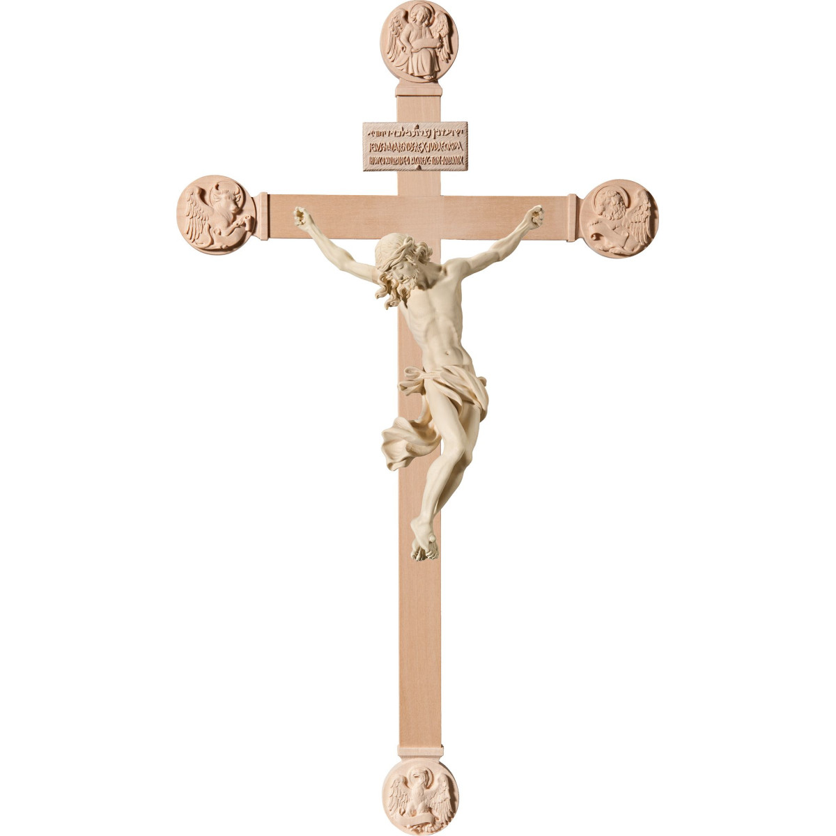 Cristo Barroco en cruz con Evangelistas y Titulus Crucis en hebreo - latín - griego